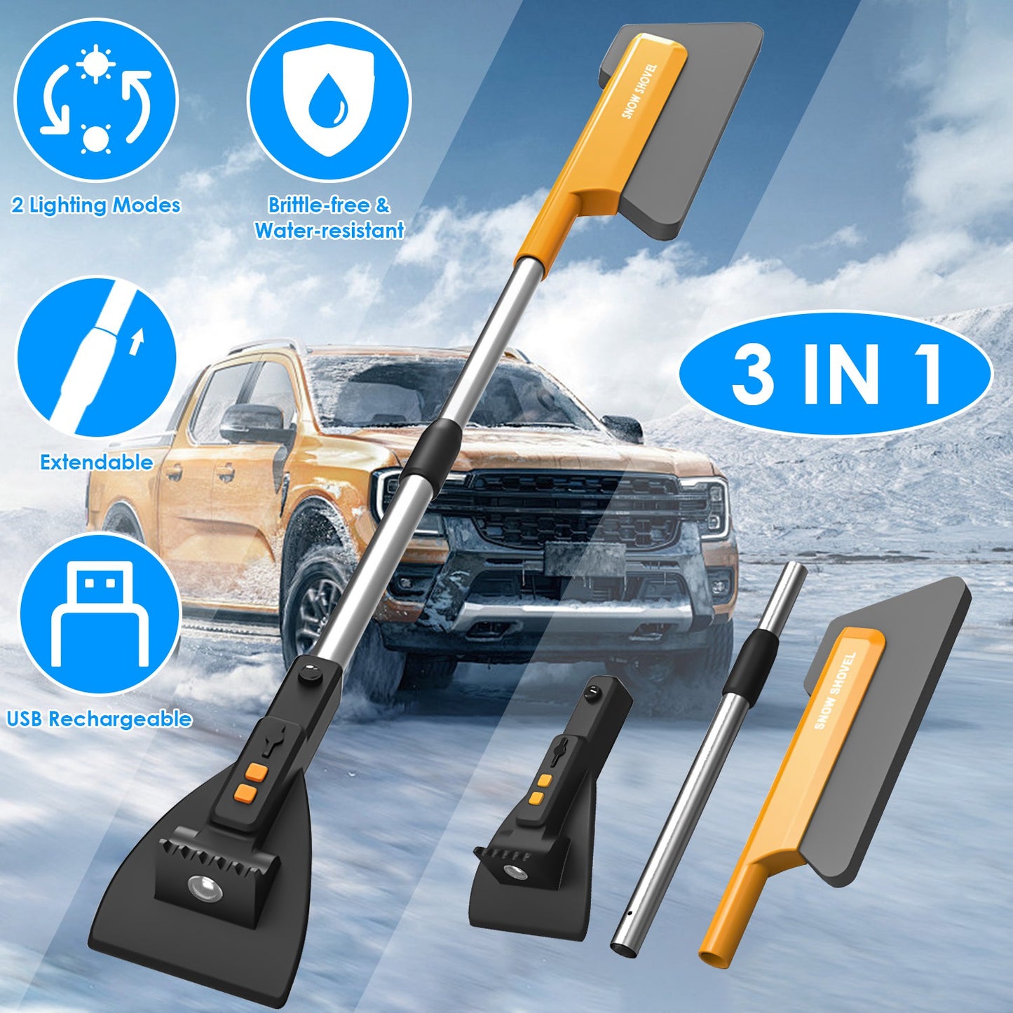 3-in-1 Car Snow Removal Shovel with LED Light